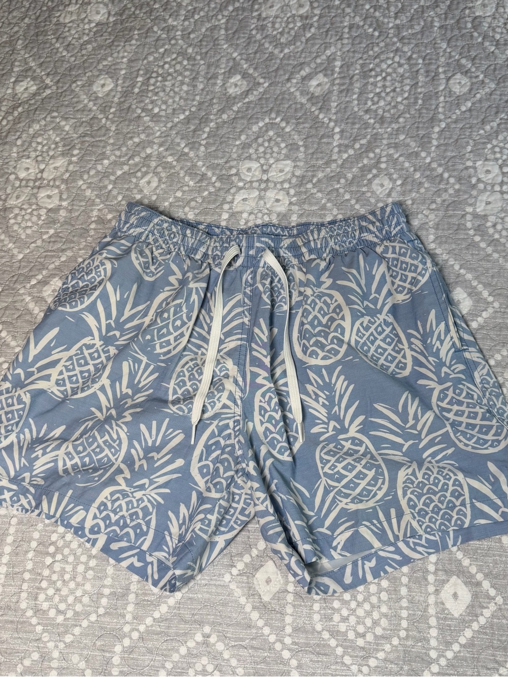 chubbies Blue Pineapple-Print Men’s Drawstring Swim Trunks, size medium.